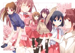  6+girls achiga_school_uniform akado_harue atarashi_ako bare_legs blue_eyes blush bottomless brown_hair cardigan closed_eyes commentary_request green_eyes jacket long_hair long_sleeves matsumi_kuro matsumi_yuu multiple_girls naked_jacket necktie no_panties no_pants one_eye_closed pantyhose petals ponytail ribbon sagimori_arata saki_(manga) saki_achiga-hen scarf school_uniform shoes short_hair sneakers takakamo_shizuno thighhighs track_jacket yuru1031 