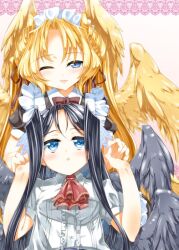  2girls 6feather alternate_clothing alternate_costume angel artist_request black_hair blonde_hair blue_eyes closed_eye kyoukai_senjou_no_horizon kyoukaisenjou_no_horizon maid malga_naruze margot_knight multiple_girls wings wink 