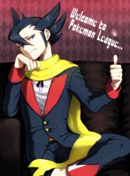  1boy aqua_eyes black_hair checkered coin coin_flip commentary_request couch english_text engrish_text glint grimsley_(pokemon) head_rest head_tilt itsuki_(nightlight) light_smile male_focus pointy_hair pokemon pokemon_bw ranguage scarf sitting smug solo thumbs_up yellow_scarf 