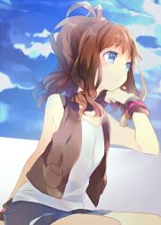  bare_shoulders blue_eyes brown_hair chin_rest cloud day long_hair looking_away namie-kun no_hat no_headwear pokemon pokemon_(game) pokemon_bw ponytail shirt shorts sitting sky sleeveless solo touko_(pokemon) vest wristband 