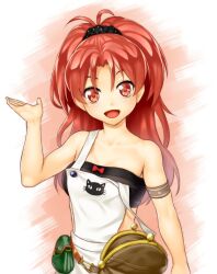  :d apron armlet atelier_(series) atelier_ayesha bad_id bad_pixiv_id bare_shoulders breasts commentary_request female long_hair looking_at_viewer marietta_muir onsoku_inu open_mouth paint.net_(medium) ponytail red_eyes red_hair simple_background small_breasts smile solo strap_slip strapless tube_top wide_ponytail 