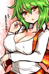  blush breast_lift breasts check_translation cleavage collarbone colored_eyelashes commentary_request covered_nipples female green_hair highres kazami_yuuka large_breasts red_eyes roki_(hirokix) short_hair solo sweatdrop touhou translated translation_request upper_body 