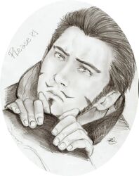  1boy begging dracule_mihawk facial_hair graphite_(medium) hat hat_off hat_removed headwear_removed male male_focus monochrome one_piece pencil_(medium) photorealistic realistic shichibukai solo text traditional_media 