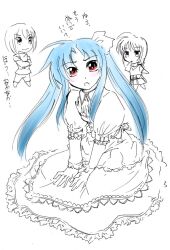  3girls blue_hair blush chibi commentary_request dress jason_(kaiten_kussaku_kikou) levi_the_slasher long_hair looking_at_viewer lord_dearche lyrical_nanoha mahou_shoujo_lyrical_nanoha mahou_shoujo_lyrical_nanoha_a&#039;s mahou_shoujo_lyrical_nanoha_a&#039;s_portable:_the_battle_of_aces monochrome multiple_girls photoshop_(medium) red_eyes short_hair smile spot_color stern_the_destructor translation_request 