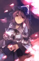  bad_id bad_pixiv_id cherry_blossoms female hat japanese_clothes looking_up migihidari_(puwako) obi open_mouth petals pink_hair red_eyes saigyouji_yuyuko sash short_hair solo touhou triangular_headpiece 