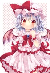  abandon_ranka bad_id bad_pixiv_id bat_wings blue_hair blush female hat hat_ribbon highres outline photoshop_(medium) polka_dot polka_dot_background red_eyes remilia_scarlet ribbon smile solo touhou wings wrist_cuffs 