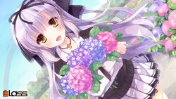  :d blush female flower hair_ribbon highres holding hydrangea lass_(company) light_purple_hair long_hair looking_at_viewer moriyama_shijimi open_mouth outdoors photoshop_(medium) purple_hair ribbon shoujo_shin&#039;iki_shoujo_tengoku skirt smile solo star_(symbol) sweater_vest takagi_sana thighhighs white_thighhighs yellow_eyes 