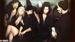  4boys baseball_cap bird black_dress black_hair black_hat black_pants black_shirt blonde_hair blueno bottle braid breasts checkered checkered_floor cleavage couch cp9 dress drink earrings enies_lobby facial_hair female female floor glass glasses goatee hat hattori_(one_piece) jewelry jyabura kaku_(one_piece) kalifa legs_crossed male moustache multiple_boys one_piece open_clothes open_shirt orange_hair pants pet pigeon rob_lucci shirt short_dress shot_glass shoulder_perch sitting sunglasses 