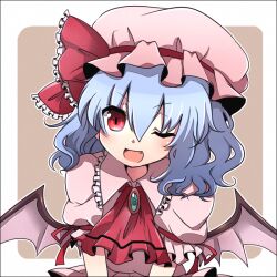  ;d ashiwara_yuu bat_wings blue_hair colorized commentary_request female hair_ribbon hat jewelry mushi_baibai oerba_yun_fang one_eye_closed open_mouth puffy_sleeves red_eyes remilia_scarlet ribbon short_hair short_sleeves smile solo touhou upper_body wings 