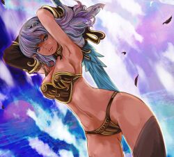  armor armpits bikini_armor breasts collar commentary_request dark-skinned_female dark_skin detached_sleeves elf feathers female kazaana long_hair looking_at_viewer medium_breasts navel original photoshop_(medium) pointy_ears purple_eyes purple_hair scar sideboob solo sword weapon 