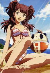  ball barefoot beach beachball bikini brown_eyes brown_hair cloud day earrings female happy jewelry kujikawa_rise kuma_(persona_4) lipstick makeup nakahara_kiyotaka official_art outdoors persona persona_4 persona_4_the_animation pink_lips sky smile solo swimsuit twintails 