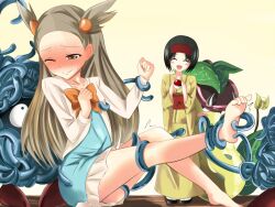  2girls bad_id bad_pixiv_id barefoot black_hair blush closed_eyes erika_(pokemon) feet grey_hair headband japanese_clothes jasmine_(pokemon) multiple_girls perimaru pokemon pokemon_(creature) pokemon_hgss sitting smile soles sweat tangela tickling tickling_feet tickling_flat_chest tickling_legs toe_scrunch toes two_side_up victreebel 