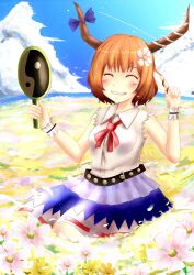  alternate_hair_length alternate_hairstyle arm_up blush commentary_request female flower grin horns ibuki_suika kneeling koga_rejini mirror orange_hair photoshop_(medium) short_hair skirt sleeveless smile solo touhou wrist_cuffs 