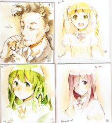  1boy 3girls :d black_hair blonde_hair blouse bow bowtie braid burn_scar character_name cigarette closed_eyes closed_mouth cupping_hand facial_hair fire flat_chest ge-b green_eyes green_hair hair_bobbles hair_ornament hair_over_one_eye hair_ribbon holding ibarazaki_emi ikezawa_hanako juliet_sleeves katawa_shoujo keiko_(katawa_shoujo) lighter lighting_cigarette long_hair long_sleeves looking_at_viewer mouth_hold multiple_girls mutou_akio necktie one_eye_covered open_mouth original painting_(medium) portrait puffy_sleeves purple_eyes purple_hair ribbon scan scar school_uniform shirt side_braid signature single_braid smile smoking stubble traditional_media twintails upper_body watercolor_(medium) weee_(raemz) white_background white_bow white_bowtie white_ribbon yamaku_high_school_uniform yellow_eyes 