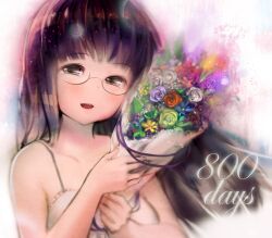  bad_id bad_pixiv_id bare_shoulders black_hair blush bouquet brown_eyes collarbone ddal dress female flower glasses long_hair open_mouth original photoshop_(medium) smile solo 