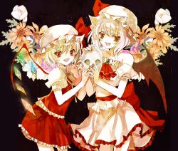  2girls adapted_costume alternate_hair_color ascot bad_id bad_pixiv_id bare_shoulders bat_wings blonde_hair brooch cierra_(ra-bit) crystal curly_hair detached_sleeves flandre_scarlet floral_background flower frills hat hat_ribbon jewelry multiple_girls nail_polish oerba_yun_fang open_mouth photoshop_(medium) puffy_sleeves red_eyes remilia_scarlet ribbon short_hair short_sleeves siblings side_ponytail sisters skirt skirt_set skull touhou white_hair wings 