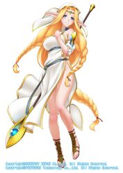  blonde_hair blush braid breasts commentary_request elf female gochou_(kedama) grin large_breasts legs long_hair no_panties photoshop_(medium) pointy_ears sandals seikon_no_el_dorado simple_background single_braid smile solo wand watermark weapon white_background 