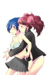  2girls blue_hair bra breasts cleavage commentary_request cosplay costume_switch crossdressing highres houndstooth hug kujikawa_rise lips medium_breasts multiple_girls panties persona persona_4 plaid plaid_bra plaid_panties red_hair school_uniform serafuku shinocco shirogane_naoto short_hair skirt striped_bra striped_clothes striped_panties twintails underwear unmoving_pattern wavy_hair white_bra white_panties yuri 