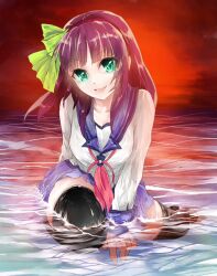  angel_beats! bad_id bad_pixiv_id female green_eyes hairband lips long_hair looking_at_viewer morita_baltan nakamura_yuri purple_hair school_uniform serafuku shinda_sekai_sensen_uniform short_hair sitting sitting_on_water smile solo thighhighs water wet wet_clothes 