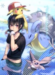  1boy :3 baseball_cap copyright_name denim english espeon fingerless_gloves gloves hat jeans lapras male male_focus mouth_hold nekotama_(artist) pants partially_submerged pikachu pokemon pokemon_(game) pokemon_rgby red_(pokemon) red_(pokemon)_(classic) red_eyes short_hair smile solo title_drop water 