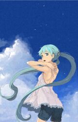  aqua_eyes aqua_hair cloud commentary_request cowboy_shot day female hatsune_miku long_hair looking_back murasaki_hisato open_mouth shorts sky solo twintails very_long_hair vocaloid 