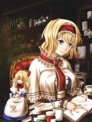  alice_margatroid art_brush bad_id bad_pixiv_id blonde_hair blue_eyes book bottle breasts capelet chair commentary_request cup female hairband highres holding jar jewelry kirisame_marisa large_breasts light_smile nail_polish open_book paint paintbrush photo_(object) photoshop_(medium) ring shanghai_doll short_hair sitting solo teacup touhou untue 