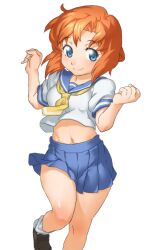  bad_id bad_pixiv_id blue_eyes commentary_request female girly_running higurashi_no_naku_koro_ni looking_at_viewer midriff navel onsoku_inu orange_hair paint.net_(medium) ryuuguu_rena school_uniform serafuku short_hair short_sleeves simple_background skirt smile solo standing thighs white_background 