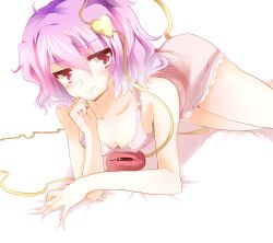  bad_id bad_pixiv_id bare_shoulders blush breast_rest breasts collarbone downblouse female haruhi0816 heart komeiji_satori lying nightgown on_stomach pink_eyes pink_hair short_hair small_breasts solo squishing third_eye touhou 