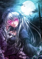  commentary_request dress female flower frills gothic_lolita grey_hair hairband lolita_fashion long_hair misaki_(kyal_001) moon photoshop_(medium) red_eyes ribbon rozen_maiden suigintou 