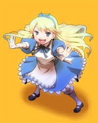  1boy alice_(alice_in_wonderland) alice_(alice_in_wonderland)_(cosplay) alice_in_wonderland apron blonde_hair blue_eyes commentary_request cosplay crossdressing hairband kuma_(persona_4) long_hair male_focus mary_janes otoko_no_ko pantyhose persona persona_4 ribbon rickert_kai shoes solo very_long_hair 