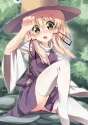  :o bad_id bad_pixiv_id blonde_hair blush brown_eyes female hair_ribbon hat moriya_suwako ribbon sitting skirt solo supershiruco sweat thighhighs touhou white_thighhighs wiping_sweat yellow_eyes 