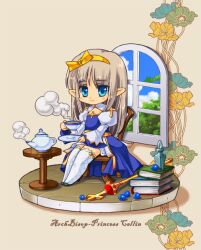  arch_bishop_(ragnarok_online) bad_id bad_pixiv_id beige_background blue_eyes book book_stack boots bottle brown_hair chair chibi cup faux_figurine female gem nanakichi photoshop_(medium) pointy_ears ragnarok_online scepter simple_background sitting staff steam table teacup teapot thigh_boots thighhighs window 