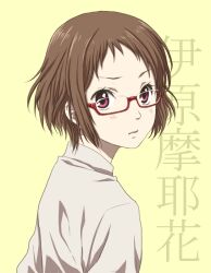  bespectacled brown_hair character_name commentary_request female glasses hyouka ibara_mayaka photoshop_(medium) purple_eyes rito453 semi-rimless_eyewear short_hair simple_background solo under-rim_eyewear 