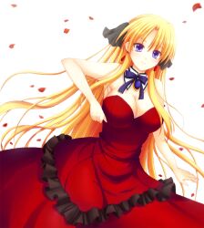  bare_shoulders blonde_hair breasts campione! cleavage commentary_request dress earrings erica_blandelli female jewelry large_breasts long_hair petals purple_eyes red_dress simple_background smile solo sotogawa_max very_long_hair white_background 