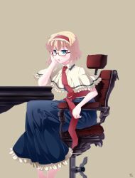  alice_margatroid bad_id bad_pixiv_id barefoot bespectacled blonde_hair blue_eyes capelet chair female frills glasses hairband highres long_skirt necktie on_chair sash short_hair sitting skirt solo table tama_(speedgrapher) touhou 