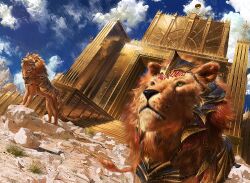  animal cloud commentary_request day dutch_angle green_eyes guardian_lions johannes_voss lion magic:_the_gathering no_humans official_art outdoors perspective sky 