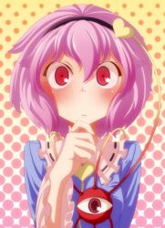  bad_id bad_pixiv_id blush female hairband hand_on_own_chin heart highres komeiji_satori nakai_mikuto pink_hair red_eyes short_hair solo third_eye touhou tsukishiro_saika 