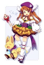  :d bad_id bad_pixiv_id bare_shoulders brown_hair dress female fox hair_ornament hat holding long_hair magical_girl mahou_shoujo_taisen mahou_shoujo_taisen_contest_1 matatabi_maru official_art open_mouth red_eyes smile solo wand 