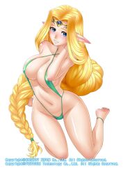  anklet barefoot bikini blonde_hair blue_eyes blush braid breasts character_request circlet cleavage commentary_request curvy elf feet female gochou_(kedama) groin jewelry large_breasts legs long_hair navel photoshop_(medium) pointy_ears seikon_no_el_dorado simple_background slingshot_swimsuit smile solo swimsuit watermark wide_hips 