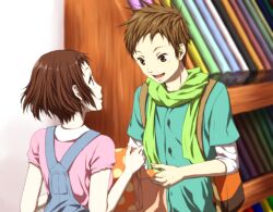  1boy bag brown_eyes brown_hair casual commentary_request female fukube_satoshi hyouka ibara_mayaka open_mouth photoshop_(medium) purple_eyes rito453 scarf shelf short_hair smile 