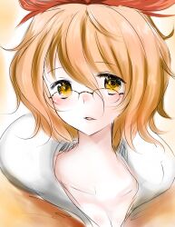  bespectacled blonde_hair commentary_request female glasses han_(jackpot) open_mouth short_hair smile solo toramaru_shou touhou upper_body yellow_eyes 