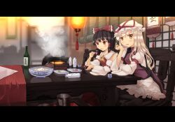  2girls black_hair black_legwear blonde_hair blush bottle bow bowl chair choko_(cup) chopsticks commentary_request cup detached_sleeves dress eating fire food garnet hair_tubes hairbow hakurei_reimu hat holding holding_chopsticks hotpot lantern letterboxed long_hair multiple_girls open_mouth pantyhose paper_lantern purple_eyes red_eyes restaurant sake_bottle short_hair sitting skirt smile steam tabard table tokkuri touhou yakumo_yukari yellow_eyes 