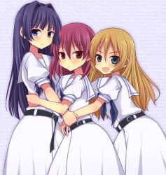  3girls blonde_hair blue_eyes blue_hair blush commentary_request green_eyes hirose_sumire hug kuromu_(cr0711) long_hair miyanaga_teru multiple_girls oohoshi_awai red_eyes red_hair saki_(manga) school_uniform shiraitodai_school_uniform short_hair smile 