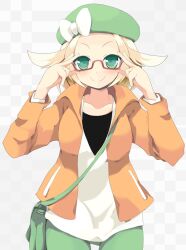  adjusting_eyewear bag beret bianca_(pokemon) blonde_hair blush bow checkered_background commentary_request cowboy_shot female glasses green_eyes hat jacket photoshop_(medium) pokemon pokemon_bw2 rakkogawa_rinro semi-rimless_eyewear short_hair shoulder_bag smile solo thigh_gap under-rim_eyewear v-neck 