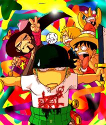  5boys bandana black_hair blonde_hair blood cigarette dracule_mihawk facial_hair game green_hair hair_over_one_eye haramaki hat injury jewelry male male_focus monkey_d_luffy moustache multiple_boys necklace one_piece open_clothes open_mouth open_shirt roronoa_zoro sanji shichibukai shirt straw_hat surprise surprised sword tick-tac-toe usopp v weapon wide-eyed wide_eyes 