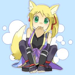  aburaage animal_ears blonde_hair commentary_request dog_days female food fox_ears fox_tail gloves green_eyes long_hair lowres ninja ss1313 tail yukikaze_panettone 