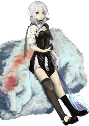  1ji45fun animal asymmetrical_legwear bear commentary_request female full_body grey_eyes grey_hair lips mismatched_legwear mole mole_under_eye original shovel single_thighhigh solo thighhighs 