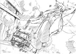  absurdres animal_ears blush fox_ears fox_tail giantess heart japanese_clothes kemo male male_focus miko monochrome motor_vehicle oerba_yun_fang smile tail temple van vehicle walking wink 