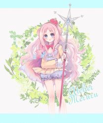  arched_crown atelier_(series) atelier_meruru bare_legs bloomers blue_eyes bow commentary copyright_name crown female half_updo konatsu_miyu long_hair merurulince_rede_arls pink_hair red_bow red_crown ribbon smile solo staff tilted_headwear underwear white_bloomers 