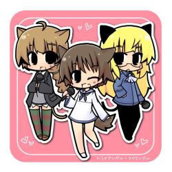  3girls animal_ears blonde_hair brown_hair cat_ears cat_girl cat_tail commentary_request dog_ears dog_girl dog_tail glasses heart luu lynette_bishop microphone miyafuji_yoshika multiple_girls oerba_yun_fang one_eye_closed pantyhose perrine_h._clostermann strike_witches striped_clothes striped_thighhighs tail thighhighs world_witches_series 